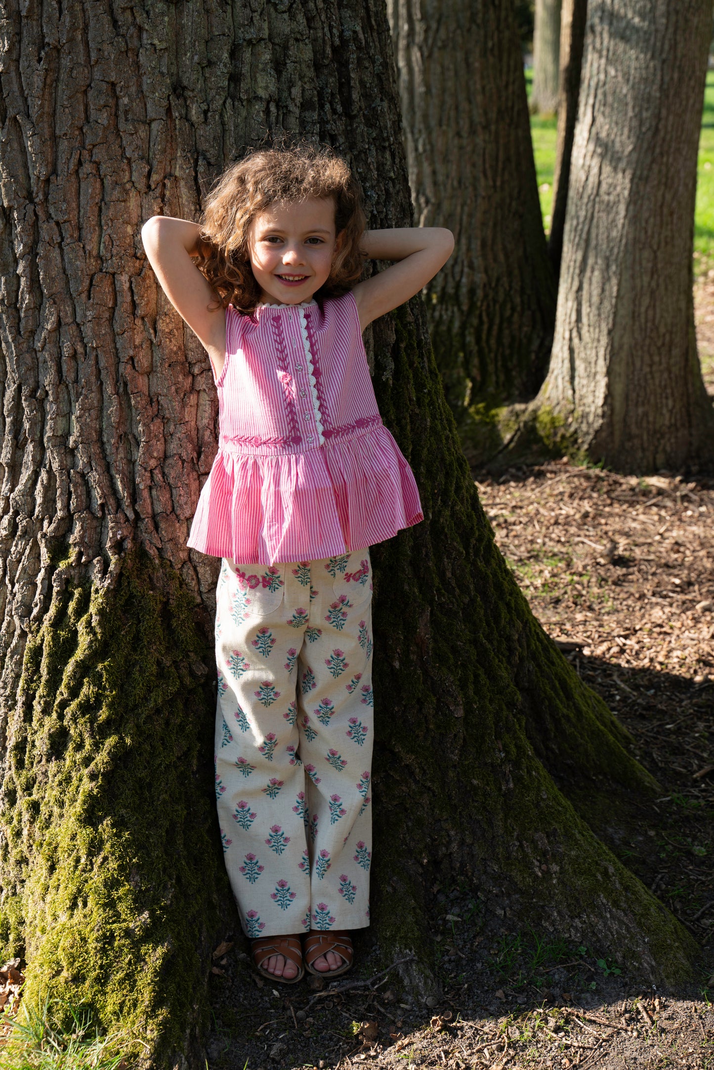 Pantalon polka fleurs roses