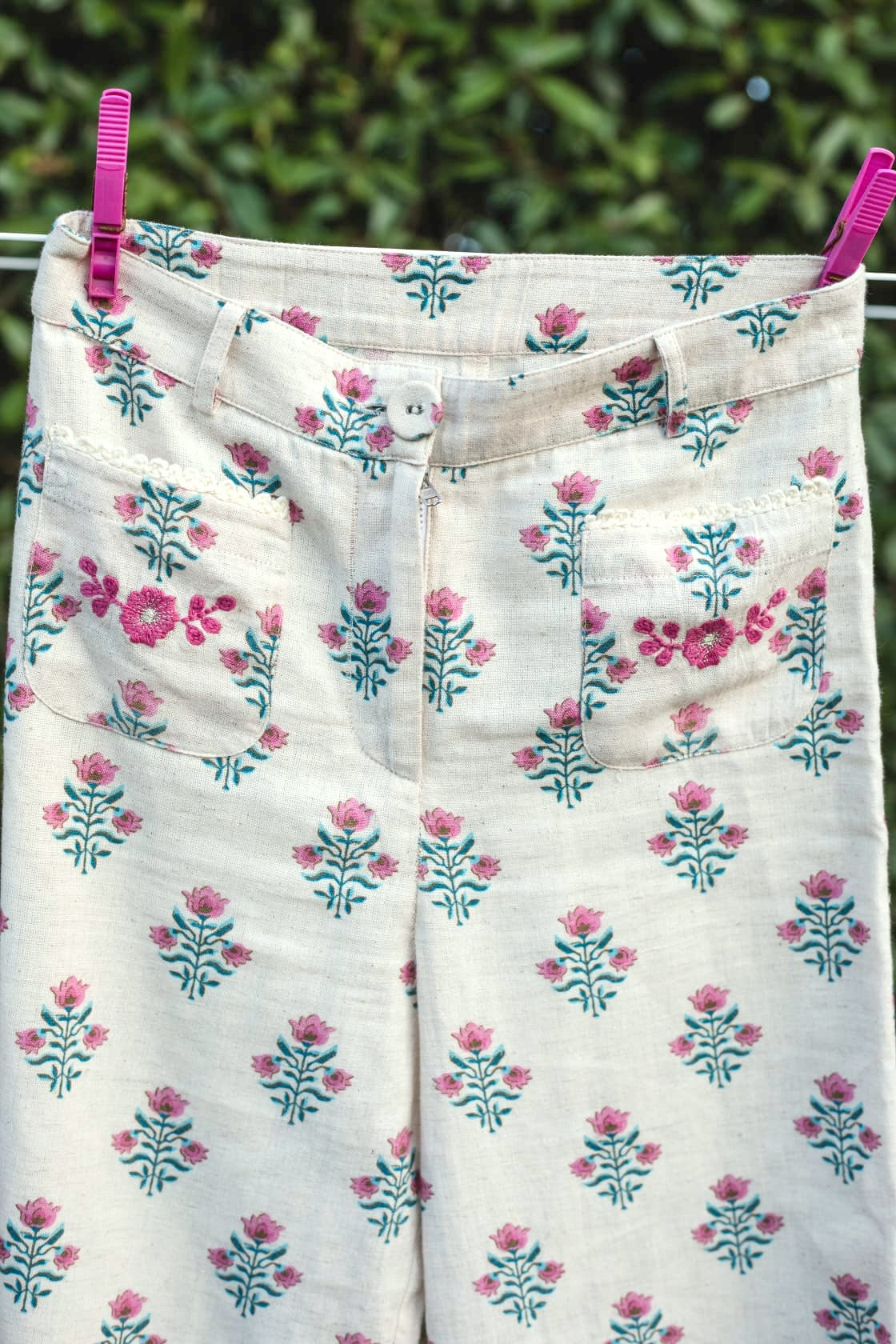 Pink flower polka dot pants